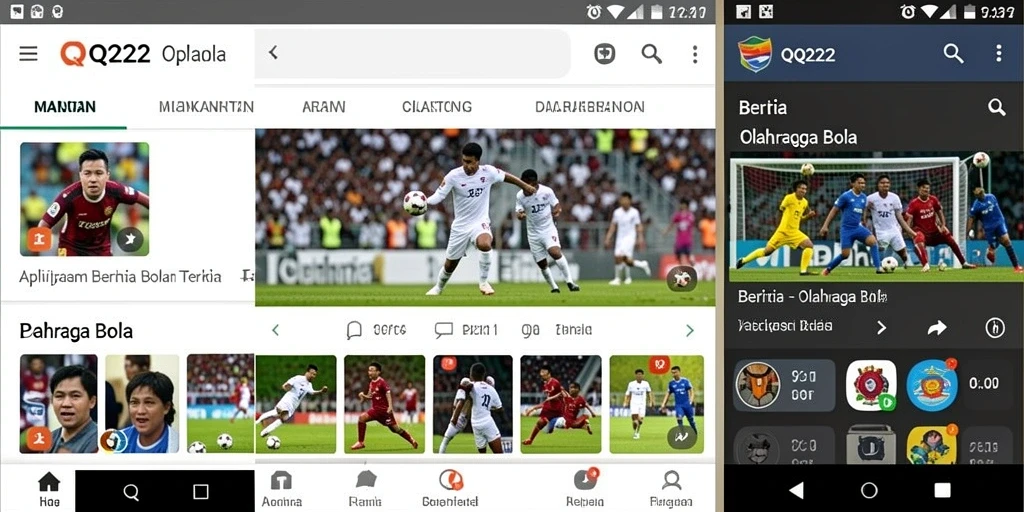 Tampilan antarmuka pengguna QQ222 dengan berita olahraga bola.